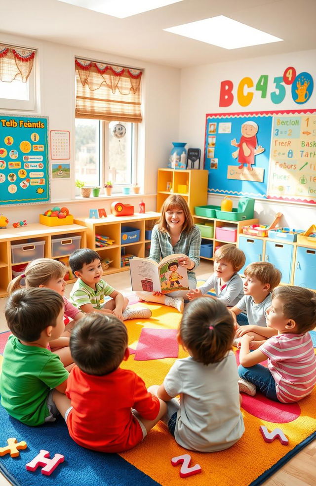 An engaging classroom scene for English language training with children aged 3 and 4 years, featuring a colorful and cheerful environment