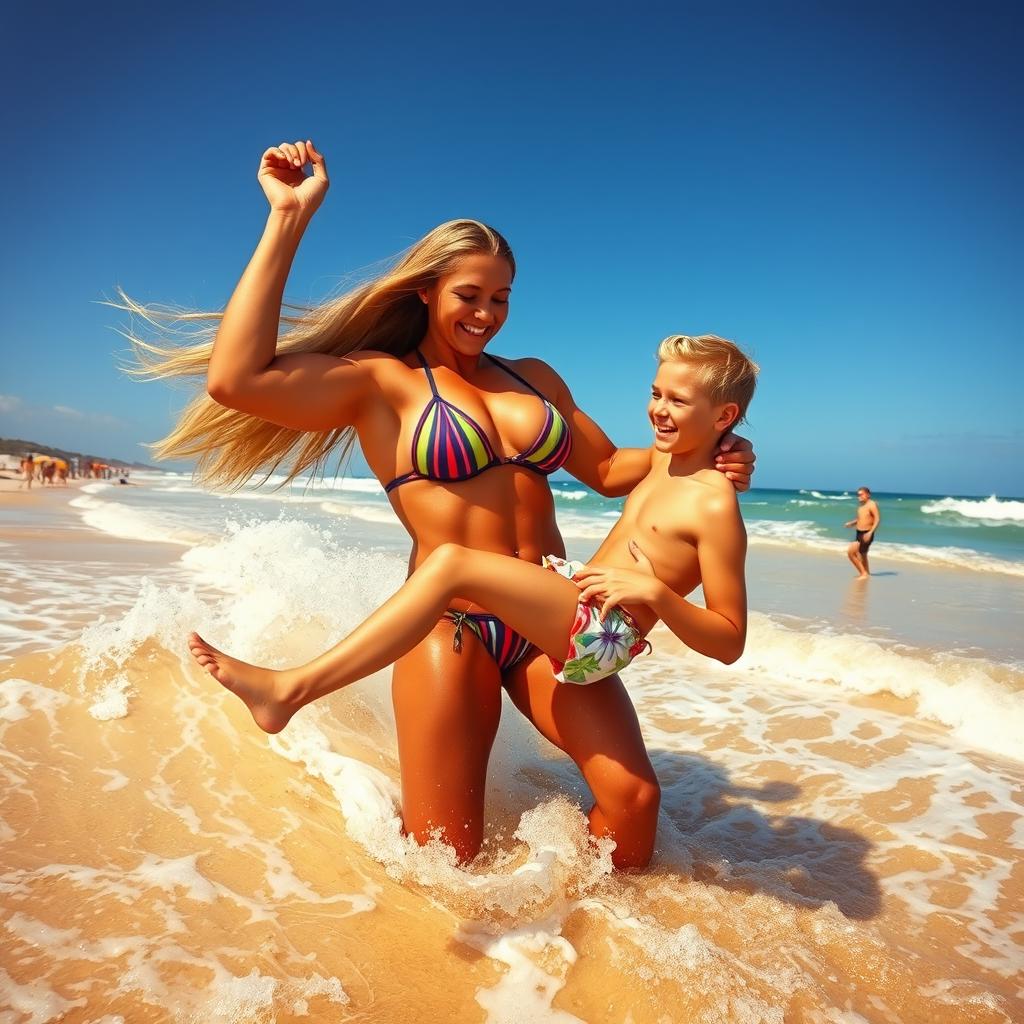 A huge tanned, very muscled beach babe with sun-kissed skin, long flowing hair, and wearing a vibrant bikini, heroically rescuing a small pale guy on a sunny beach