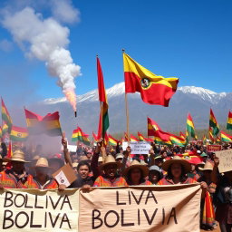 A historical scene depicting the Bolivian revolution, featuring a vibrant atmosphere filled with revolutionary flags, crowds of passionate protesters, and a backdrop of the Andes mountains