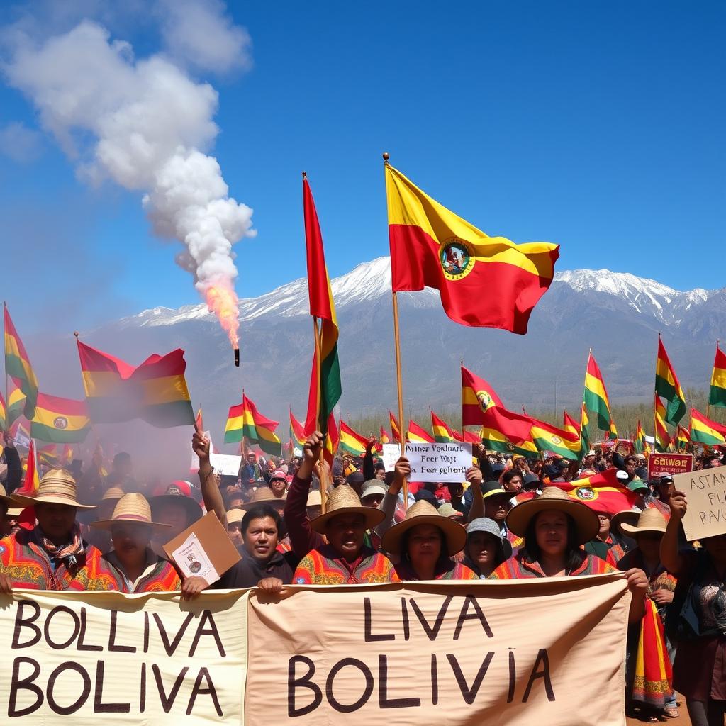 A historical scene depicting the Bolivian revolution, featuring a vibrant atmosphere filled with revolutionary flags, crowds of passionate protesters, and a backdrop of the Andes mountains