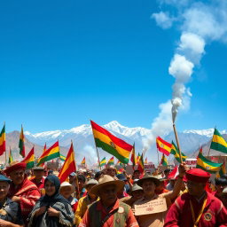 A historical scene depicting the Bolivian revolution, featuring a vibrant atmosphere filled with revolutionary flags, crowds of passionate protesters, and a backdrop of the Andes mountains