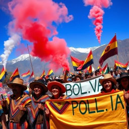 A historical scene depicting the Bolivian revolution, featuring a vibrant atmosphere filled with revolutionary flags, crowds of passionate protesters, and a backdrop of the Andes mountains