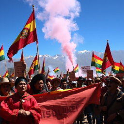 A historical scene depicting the Bolivian revolution, featuring a vibrant atmosphere filled with revolutionary flags, crowds of passionate protesters, and a backdrop of the Andes mountains