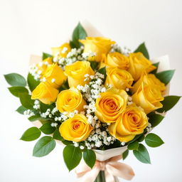 A beautiful bouquet of yellow roses, elegantly arranged with lush green leaves and soft white filler flowers like baby's breath