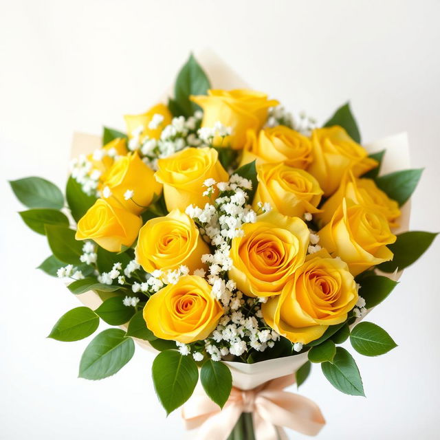 A beautiful bouquet of yellow roses, elegantly arranged with lush green leaves and soft white filler flowers like baby's breath
