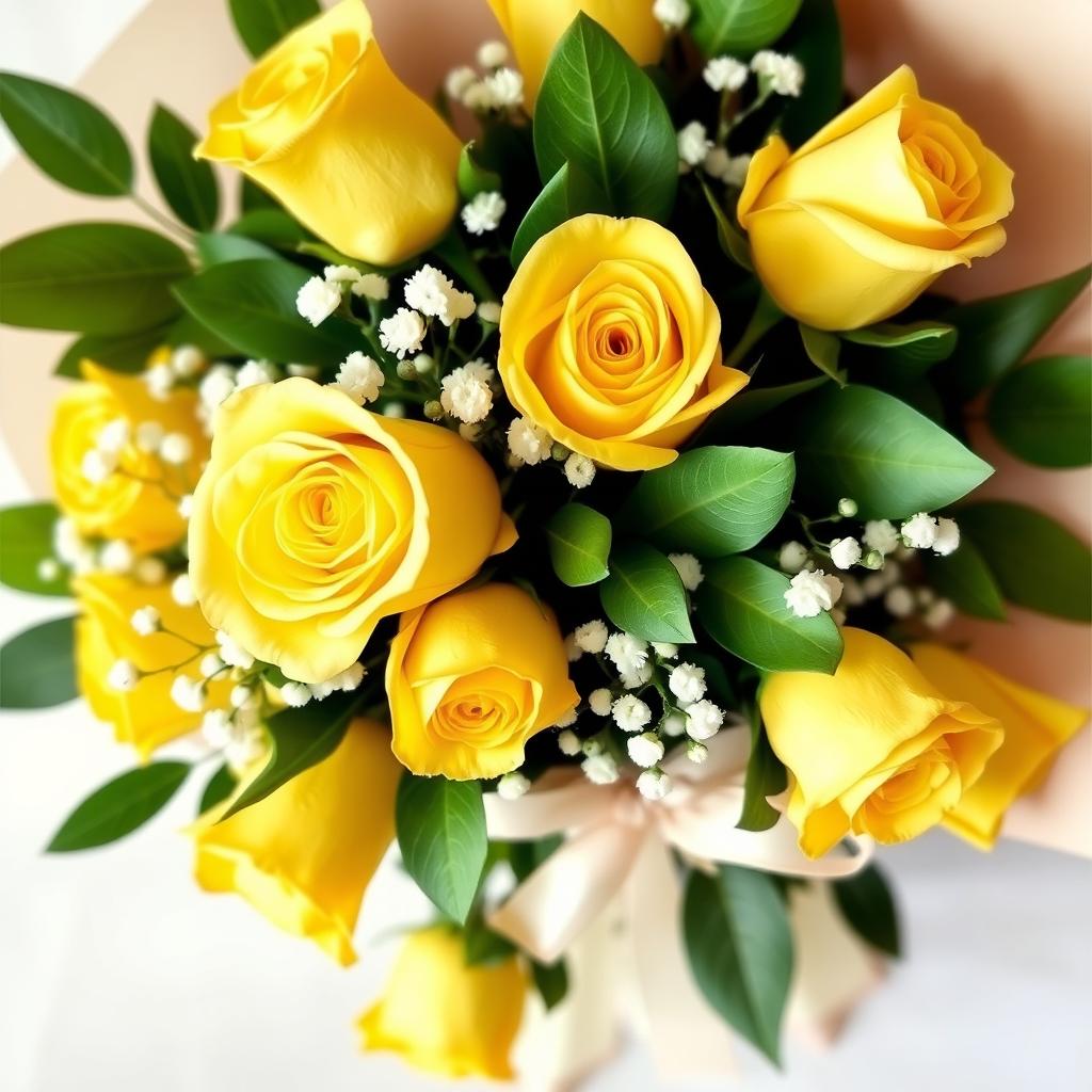 A beautiful bouquet of yellow roses, elegantly arranged with lush green leaves and soft white filler flowers like baby's breath