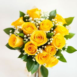 A beautiful bouquet of yellow roses, elegantly arranged with lush green leaves and soft white filler flowers like baby's breath