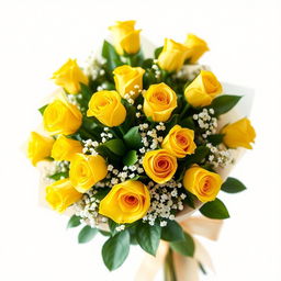 A beautiful bouquet of yellow roses, elegantly arranged with lush green leaves and soft white filler flowers like baby's breath