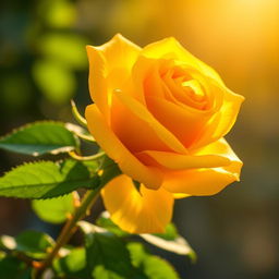 A beautiful yellow rose in full bloom, showcasing its vibrant petals and lush green leaves