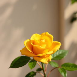 A beautiful yellow rose in full bloom, showcasing its vibrant petals and lush green leaves