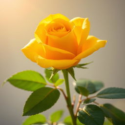 A beautiful yellow rose in full bloom, showcasing its vibrant petals and lush green leaves