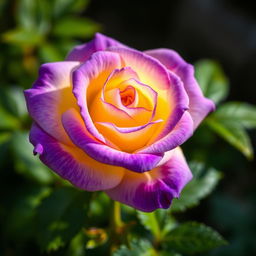 A beautiful violet rose with yellow accents, showcasing delicate petals that transition from deep violet to soft yellow tones