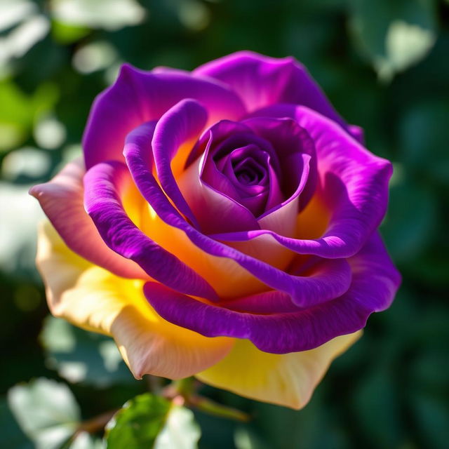 A beautiful violet rose with yellow accents, showcasing delicate petals that transition from deep violet to soft yellow tones