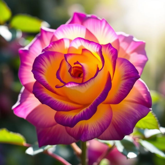 A beautiful violet rose with yellow highlights, showcasing intricate petals and lush green leaves