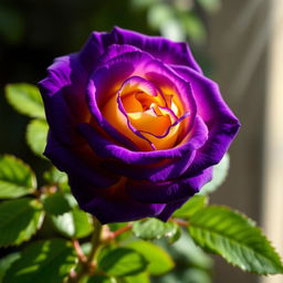 A beautiful violet rose with yellow highlights, showcasing intricate petals and lush green leaves