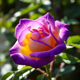 A beautiful violet rose with yellow highlights, showcasing intricate petals and lush green leaves