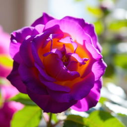 A beautiful violet rose with yellow highlights, showcasing intricate petals and lush green leaves