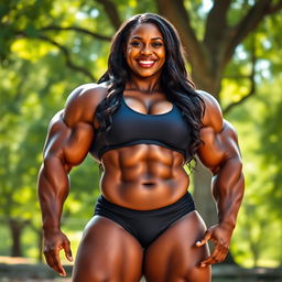 A huge, muscled ebony woman with impressive physique, showcasing her powerful arms and sculpted legs, standing confidently in an outdoor setting