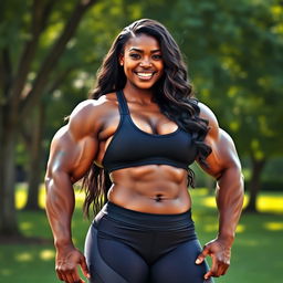 A huge, muscled ebony woman with impressive physique, showcasing her powerful arms and sculpted legs, standing confidently in an outdoor setting