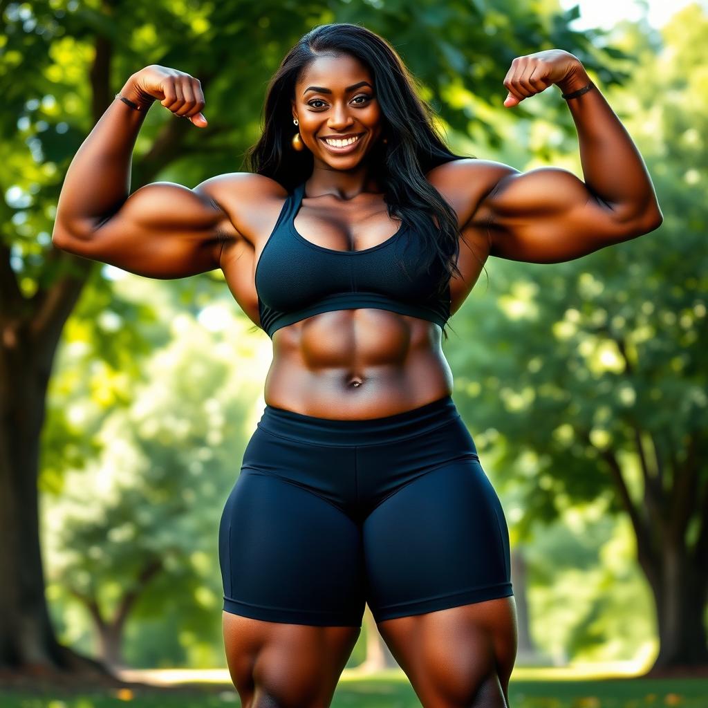 A huge, muscled ebony woman with impressive physique, showcasing her powerful arms and sculpted legs, standing confidently in an outdoor setting