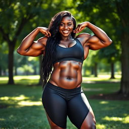 A huge, muscled ebony woman with impressive physique, showcasing her powerful arms and sculpted legs, standing confidently in an outdoor setting