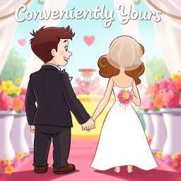 A whimsical cartoon scene of a wedding ceremony with a boy and girl in wedding attire, standing back to back but both holding hands