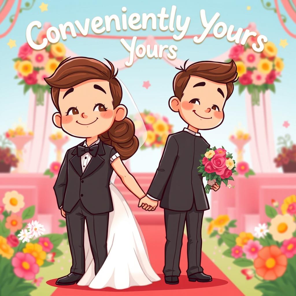 A whimsical cartoon scene of a wedding ceremony with a boy and girl in wedding attire, standing back to back but both holding hands