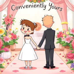A whimsical cartoon scene of a wedding ceremony with a boy and girl in wedding attire, standing back to back but both holding hands