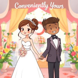 A whimsical cartoon scene of a wedding ceremony with a boy and girl in wedding attire, standing back to back but both holding hands