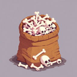 A pixel art style image depicting a burlap sack filled with bones, designed entirely with cubic shapes