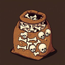 A pixel art style image depicting a burlap sack filled with bones, designed entirely with cubic shapes