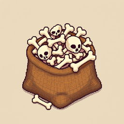A pixel art style image depicting a burlap sack filled with bones, designed entirely with cubic shapes