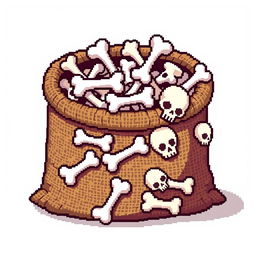 A pixel art style image depicting a burlap sack filled with bones, designed entirely with cubic shapes