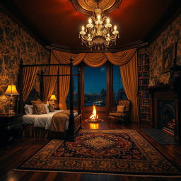 A classic room at night, featuring elegant vintage furnishings such as a wooden four-poster bed with rich, dark wood finish, plush draped curtains that elegantly frame a large window, and a beautifully ornate chandelier casting a warm glow