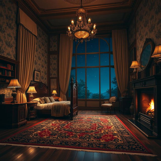 A classic room at night, featuring elegant vintage furnishings such as a wooden four-poster bed with rich, dark wood finish, plush draped curtains that elegantly frame a large window, and a beautifully ornate chandelier casting a warm glow