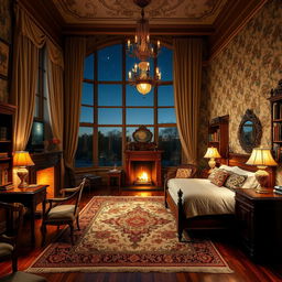 A classic room at night, featuring elegant vintage furnishings such as a wooden four-poster bed with rich, dark wood finish, plush draped curtains that elegantly frame a large window, and a beautifully ornate chandelier casting a warm glow