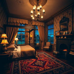 A classic room at night, featuring elegant vintage furnishings such as a wooden four-poster bed with rich, dark wood finish, plush draped curtains that elegantly frame a large window, and a beautifully ornate chandelier casting a warm glow