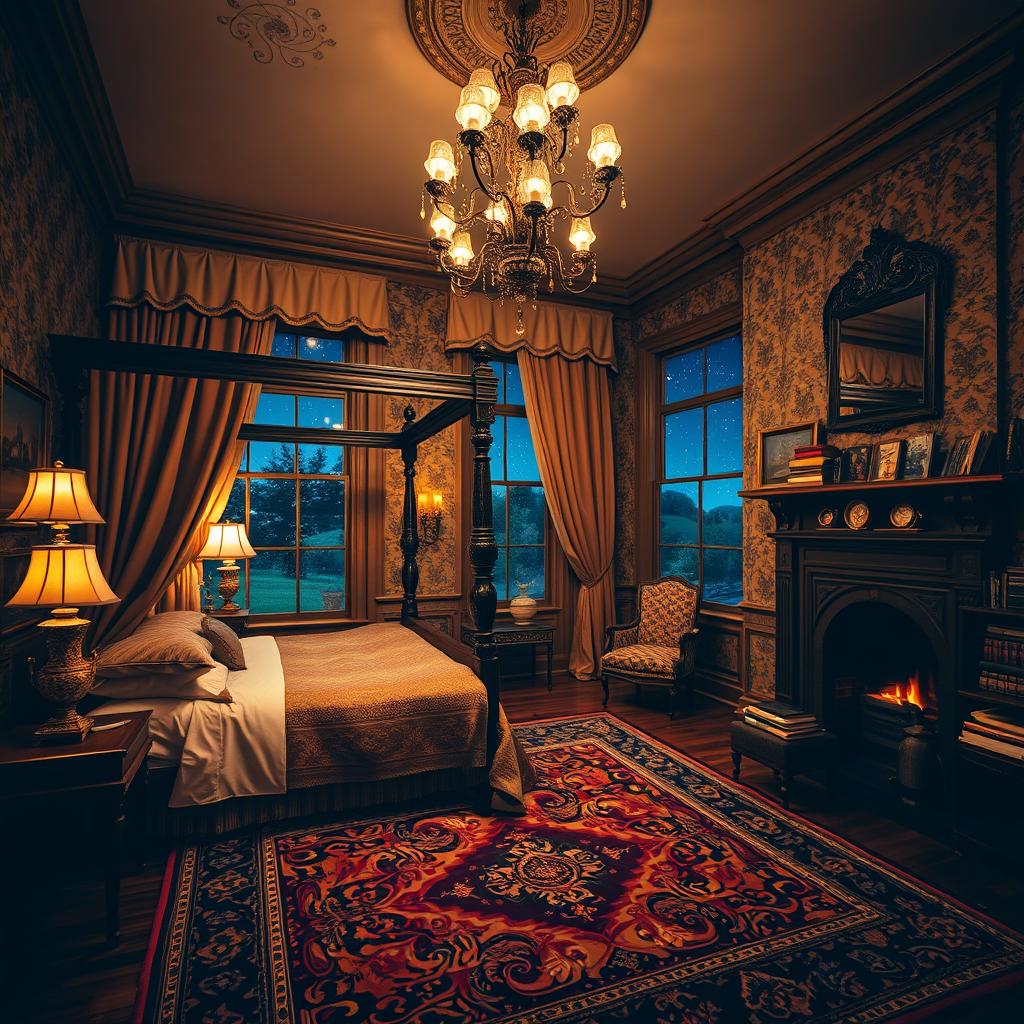 A classic room at night, featuring elegant vintage furnishings such as a wooden four-poster bed with rich, dark wood finish, plush draped curtains that elegantly frame a large window, and a beautifully ornate chandelier casting a warm glow