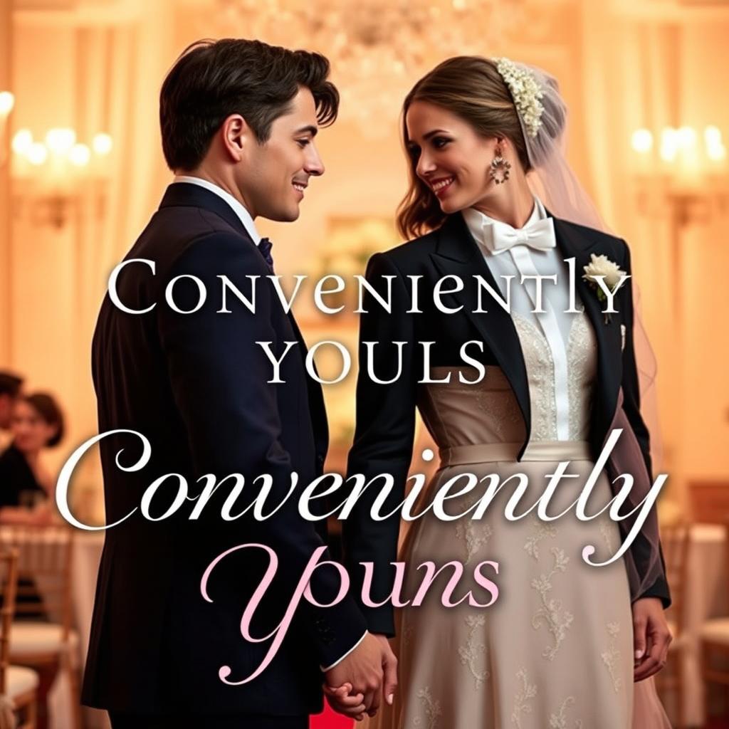 A book cover for a romance novel titled 'Conveniently Yours', featuring a man and a woman in elegant wedding attire, standing next to each other while holding hands but not facing each other