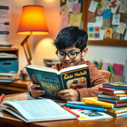 A studious young boy, engrossed in reading a book titled 'Amir Mehdi', sitting at a wooden study desk littered with various colorful books and school supplies