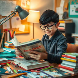 A studious young boy, engrossed in reading a book titled 'Amir Mehdi', sitting at a wooden study desk littered with various colorful books and school supplies