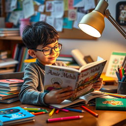 A studious young boy, engrossed in reading a book titled 'Amir Mehdi', sitting at a wooden study desk littered with various colorful books and school supplies