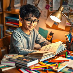 A studious young boy, engrossed in reading a book titled 'Amir Mehdi', sitting at a wooden study desk littered with various colorful books and school supplies