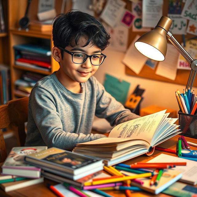 A studious young boy, engrossed in reading a book titled 'Amir Mehdi', sitting at a wooden study desk littered with various colorful books and school supplies
