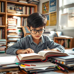 A studious young boy with a serious expression, sitting at a cluttered desk filled with textbooks and stationery, focused on a book titled 'Amir Mehdi'