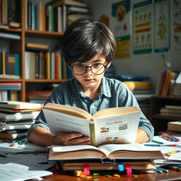 A studious young boy with a serious expression, sitting at a cluttered desk filled with textbooks and stationery, focused on a book titled 'Amir Mehdi'