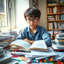 A studious young boy with a serious expression, sitting at a cluttered desk filled with textbooks and stationery, focused on a book titled 'Amir Mehdi'