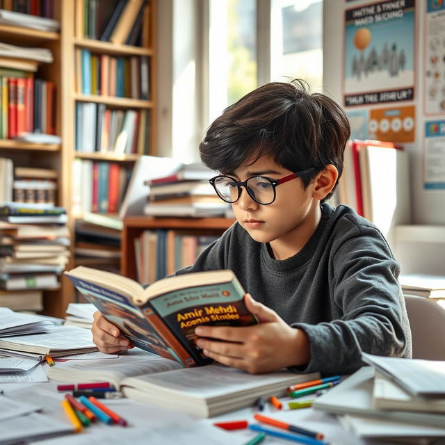 A studious young boy with a serious expression, sitting at a cluttered desk filled with textbooks and stationery, focused on a book titled 'Amir Mehdi'
