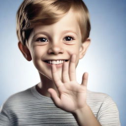 A high-resolution, photorealistic image of a 7-year-old boy engaging in American Sign Language