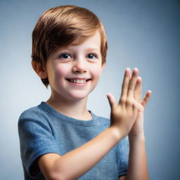 A high-resolution, photorealistic image of a 7-year-old boy engaging in American Sign Language